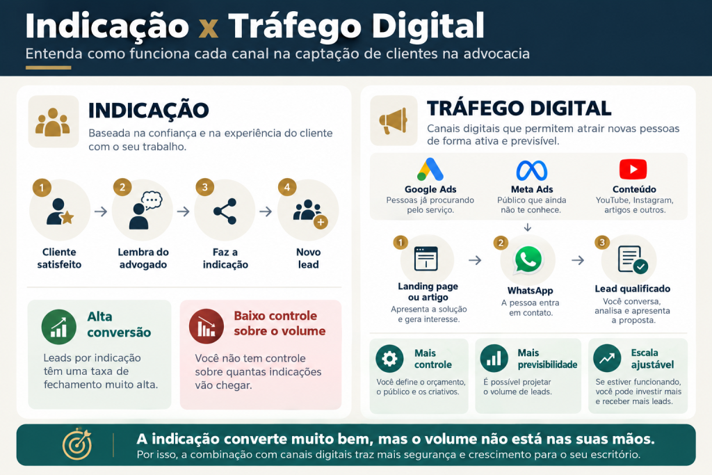 Descubra por que a captação de clientes na advocacia exige múltiplas fontes e como diversificar sua prospecção em 5 níveis para não depender de apenas um canal.